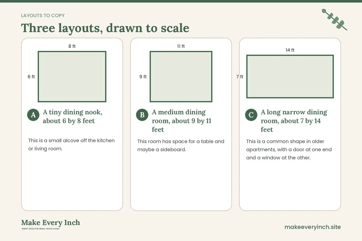 Three room layouts drawn to scale with dimensions and placement notes for: Small Dining Room Layout Ideas