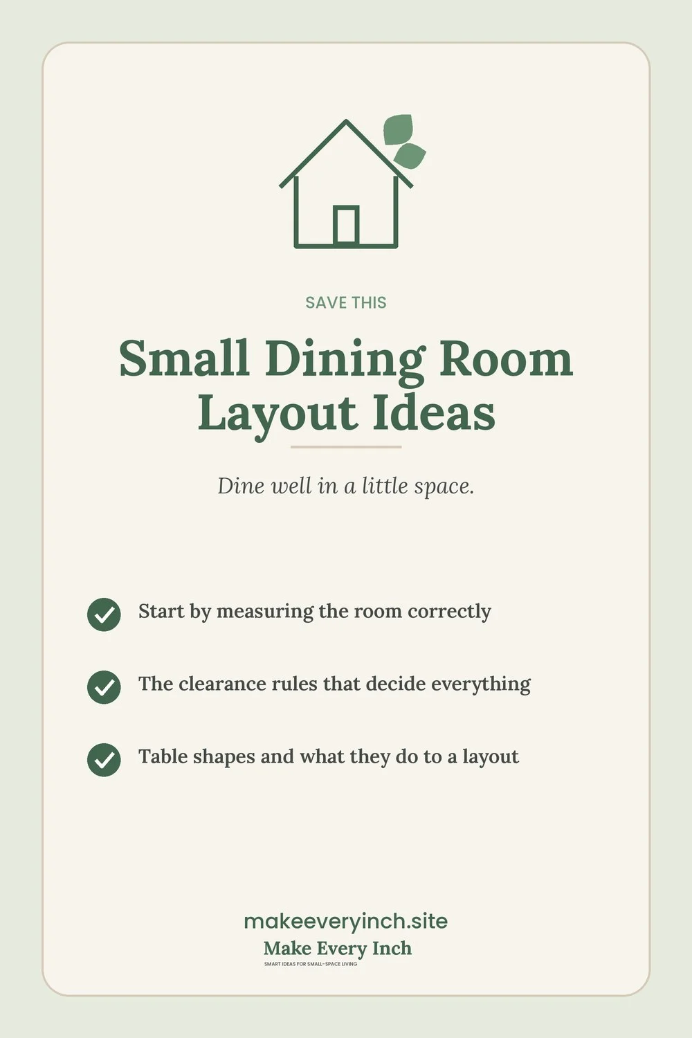 Save-this Pinterest pin with a short checklist for: Small Dining Room Layout Ideas