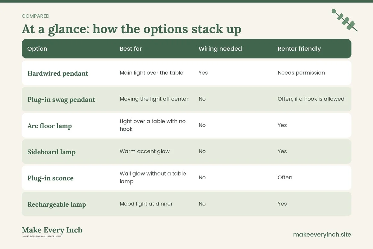 Comparison table of options for: Small Dining Room Lighting Ideas (Option, Best for, Wiring needed, Renter friendly)
