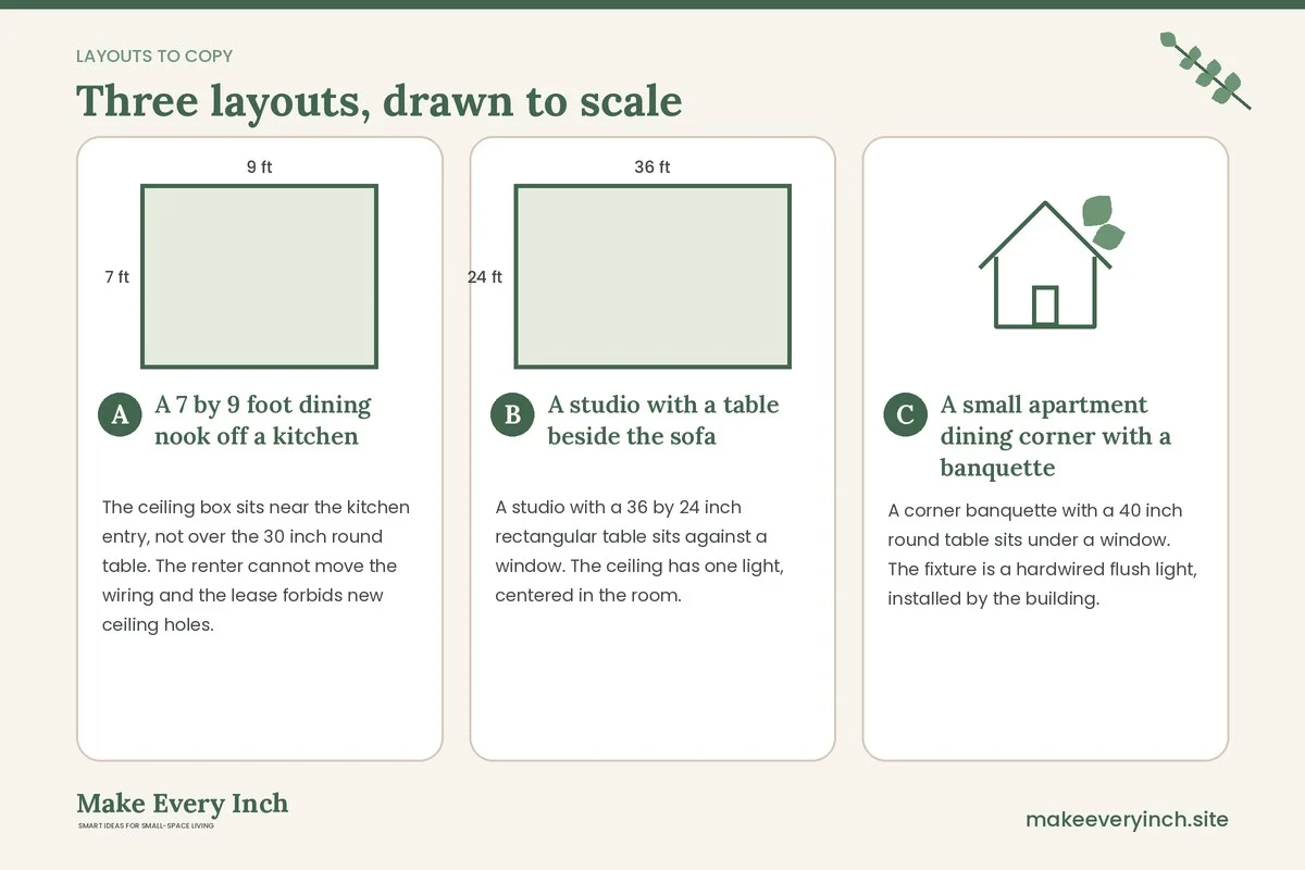 Three room layouts drawn to scale with dimensions and placement notes for: Small Dining Room Lighting Ideas