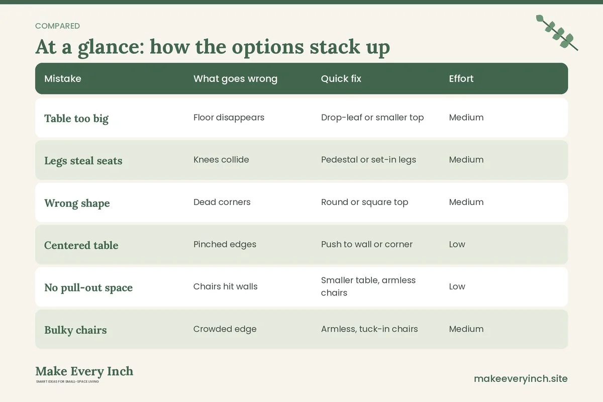 Comparison table of options for: Small Dining Room Mistakes to Avoid (Mistake, What goes wrong, Quick fix, Effort)