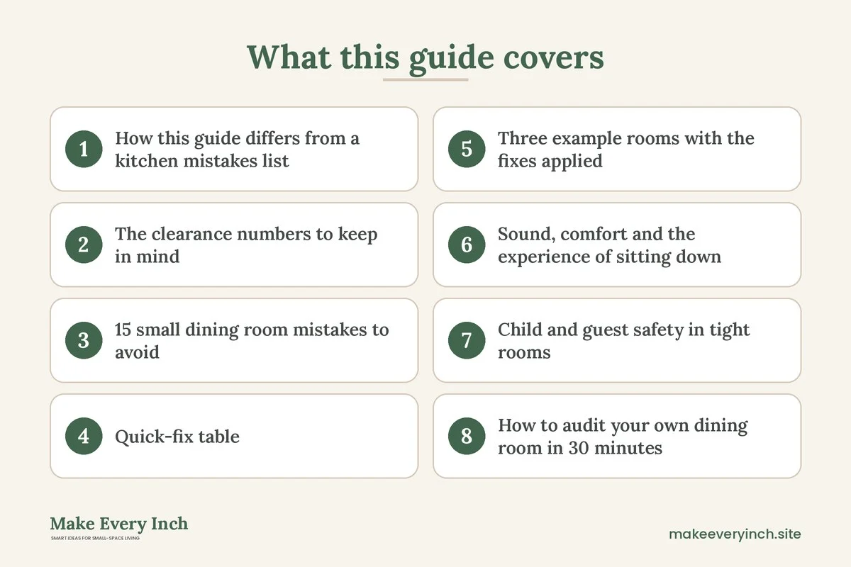 Graphic listing 8 topics covered in: Small Dining Room Mistakes to Avoid