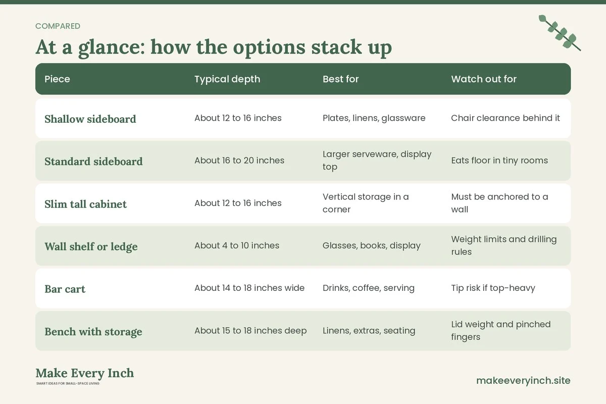 Comparison table of options for: Small Dining Room Storage Ideas (Piece, Typical depth, Best for, Watch out for)
