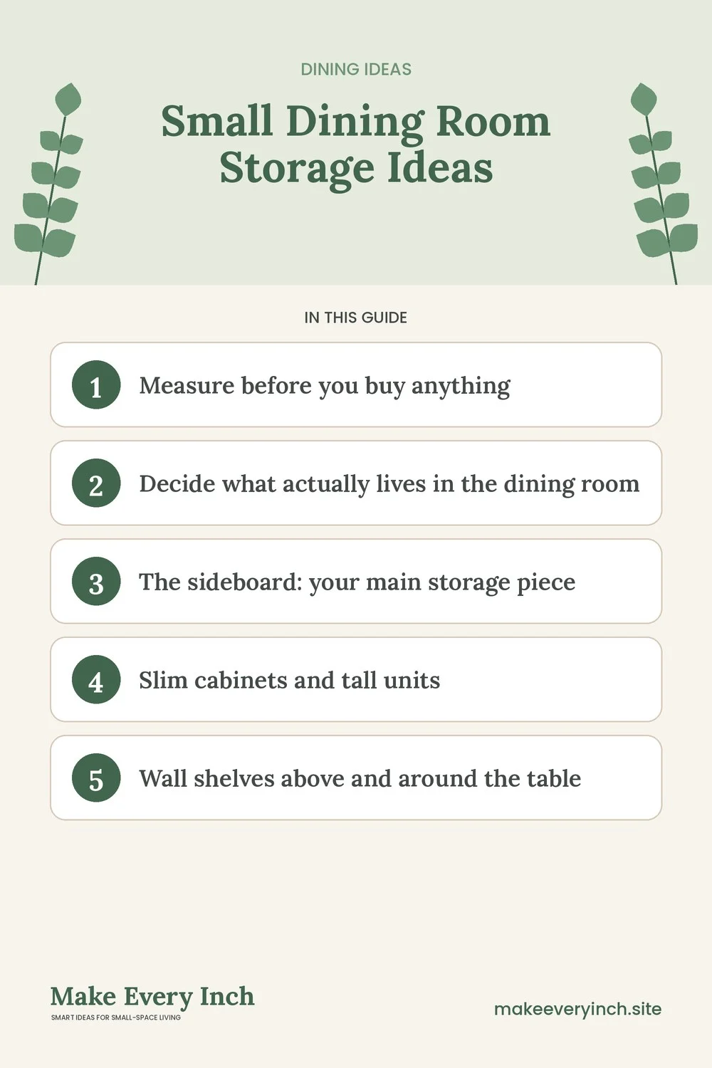 Pinterest pin listing the main topics in: Small Dining Room Storage Ideas