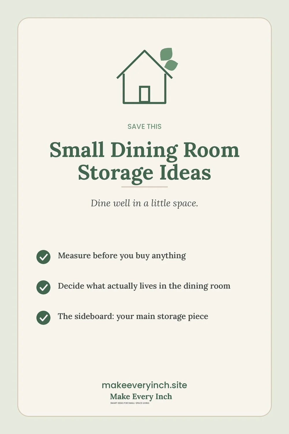 Save-this Pinterest pin with a short checklist for: Small Dining Room Storage Ideas