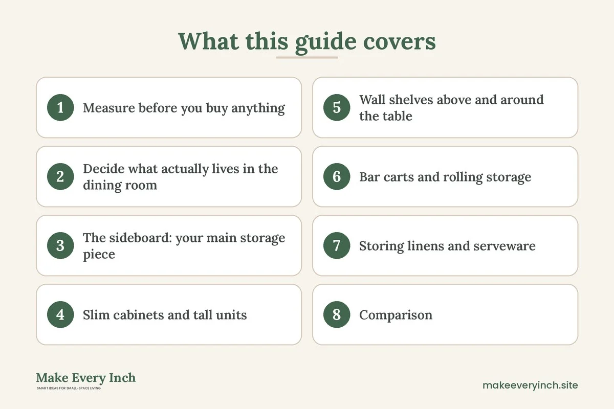 Graphic listing 8 topics covered in: Small Dining Room Storage Ideas