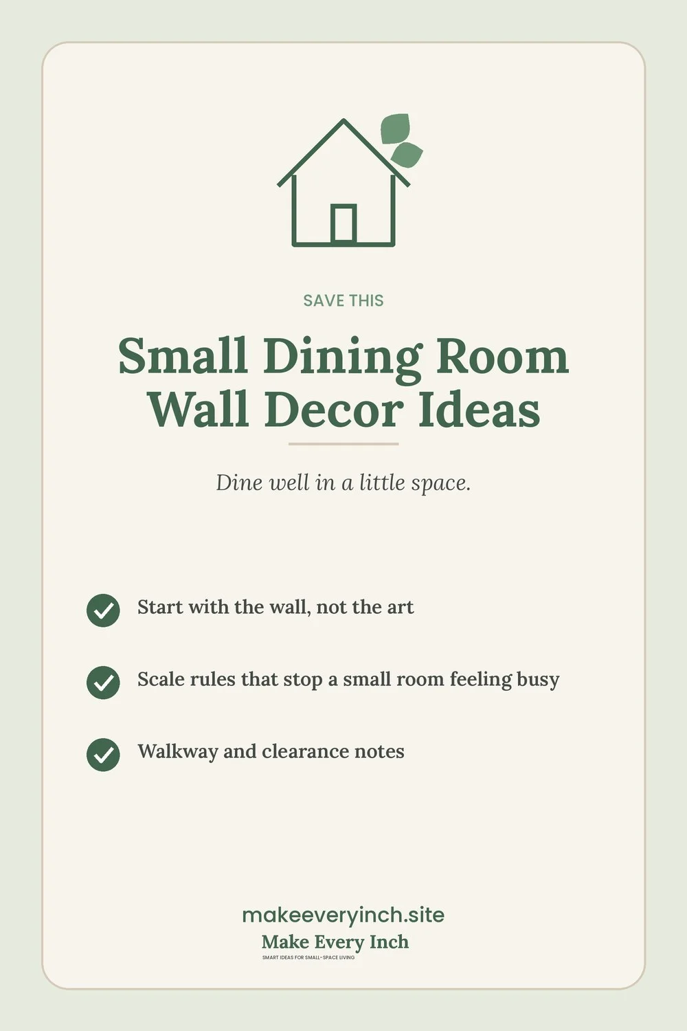Save-this Pinterest pin with a short checklist for: Small Dining Room Wall Decor Ideas