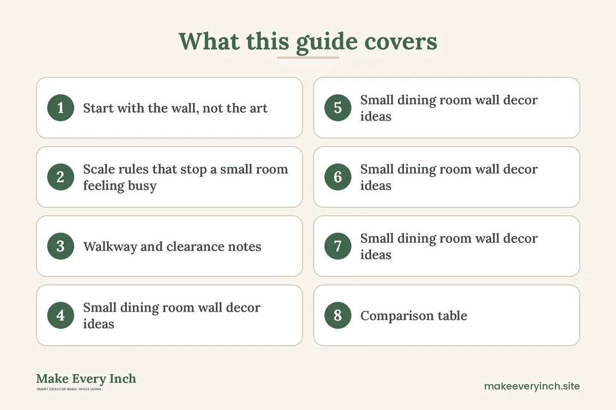 Graphic listing 8 topics covered in: Small Dining Room Wall Decor Ideas