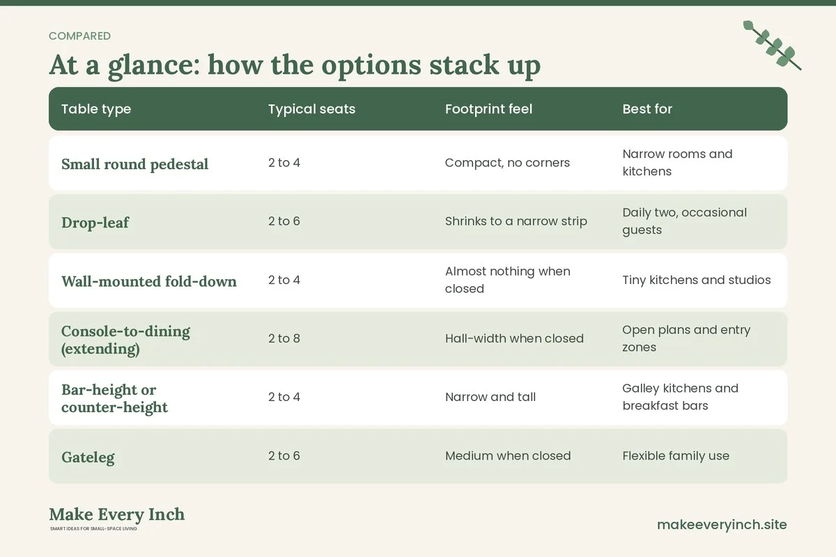 Comparison table of options for: Small Dining Table Ideas for Tiny Homes (Table type, Typical seats, Footprint feel, Best for)