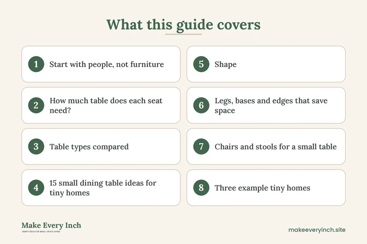 Graphic listing 8 topics covered in: Small Dining Table Ideas for Tiny Homes