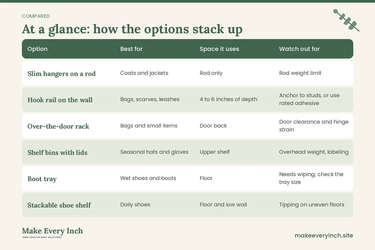 Comparison table of options for: Small Entry Closet Organization Ideas (Option, Best for, Space it uses, Watch out for)