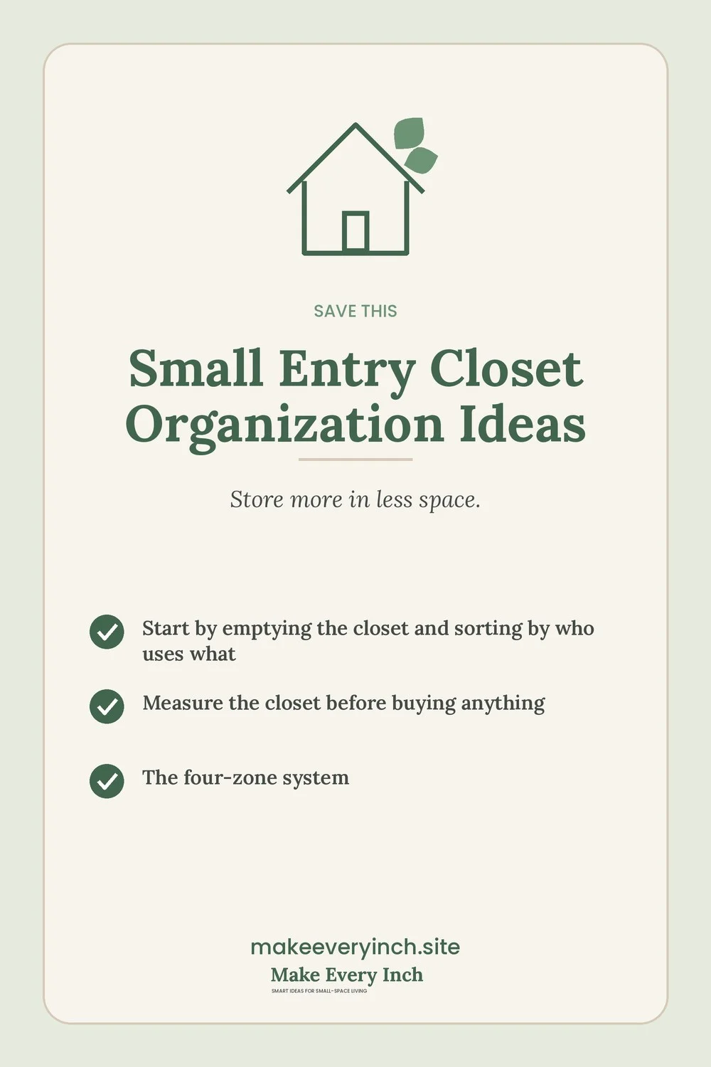 Save-this Pinterest pin with a short checklist for: Small Entry Closet Organization Ideas