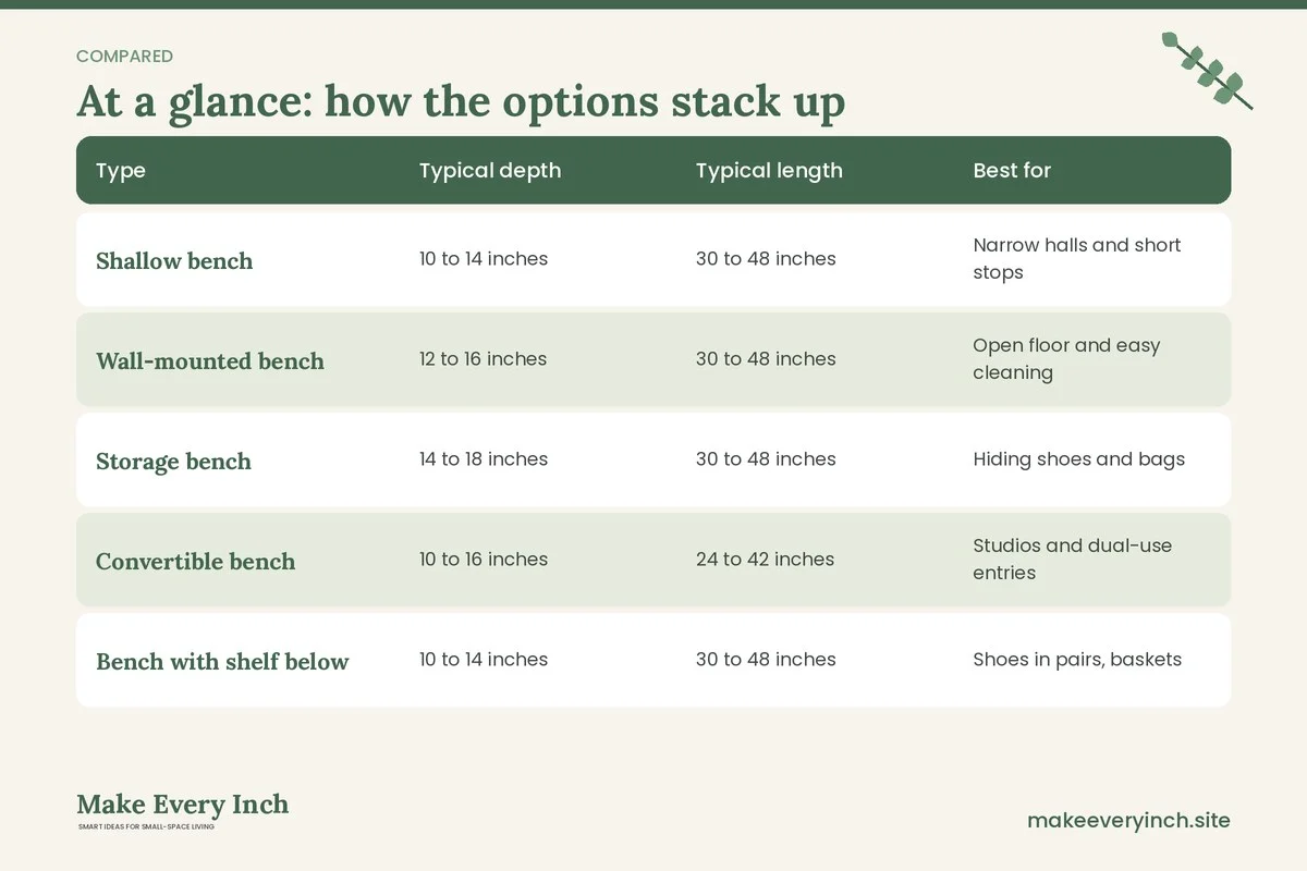 Comparison table of options for: Small Entryway Bench Ideas (Type, Typical depth, Typical length, Best for)