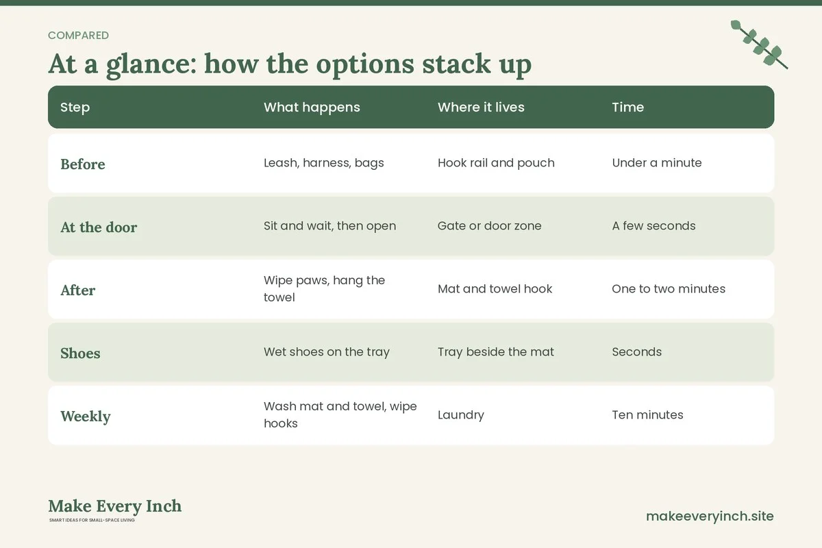 Comparison table of options for: 13 Small Entryway Ideas for Pet Owners (Step, What happens, Where it lives, Time)