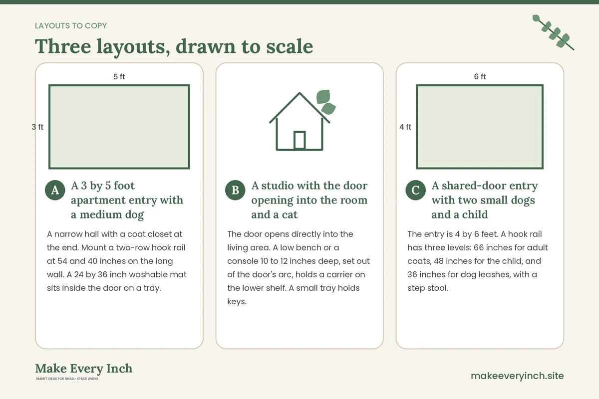 Three room layouts drawn to scale with dimensions and placement notes for: 13 Small Entryway Ideas for Pet Owners