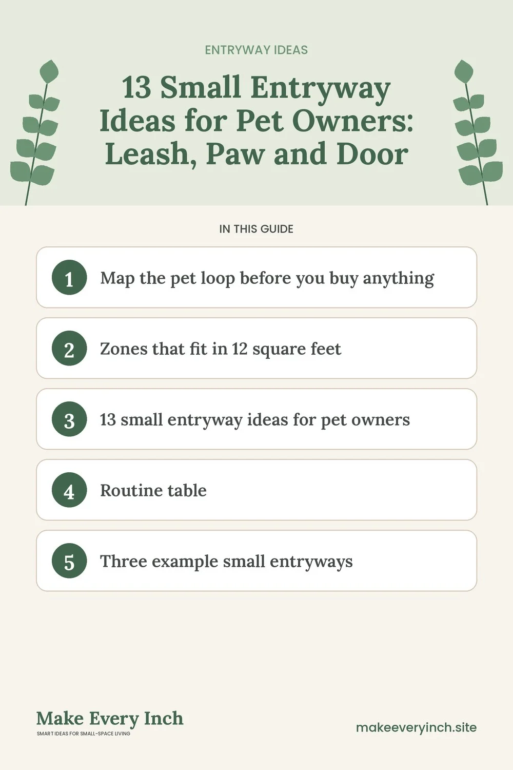 Pinterest pin listing the main topics in: 13 Small Entryway Ideas for Pet Owners