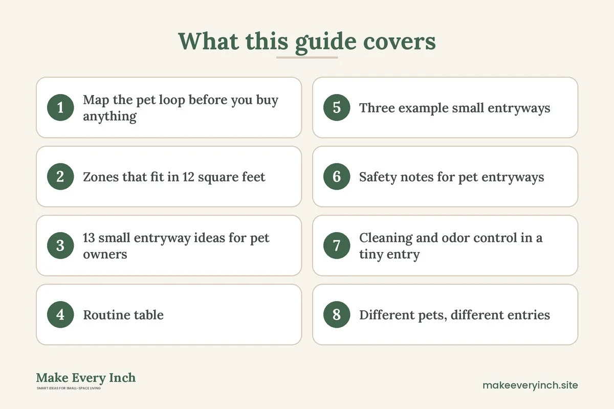 Graphic listing 8 topics covered in: 13 Small Entryway Ideas for Pet Owners