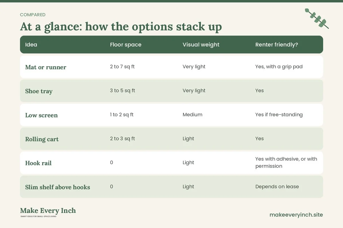 Comparison table of options for: Small Entryway Ideas for Studio Apartments (Idea, Floor space, Visual weight, Renter friendly?)