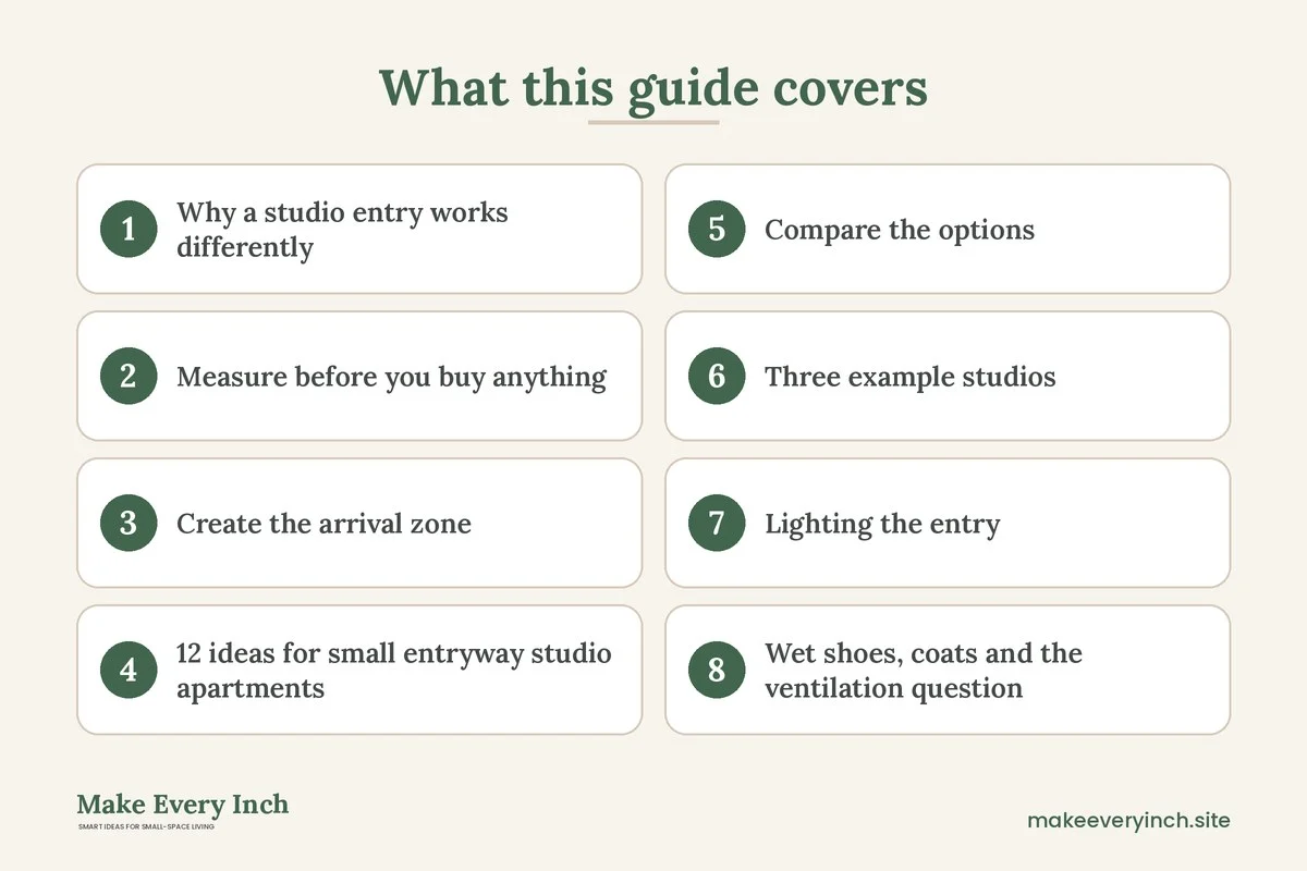 Graphic listing 8 topics covered in: Small Entryway Ideas for Studio Apartments