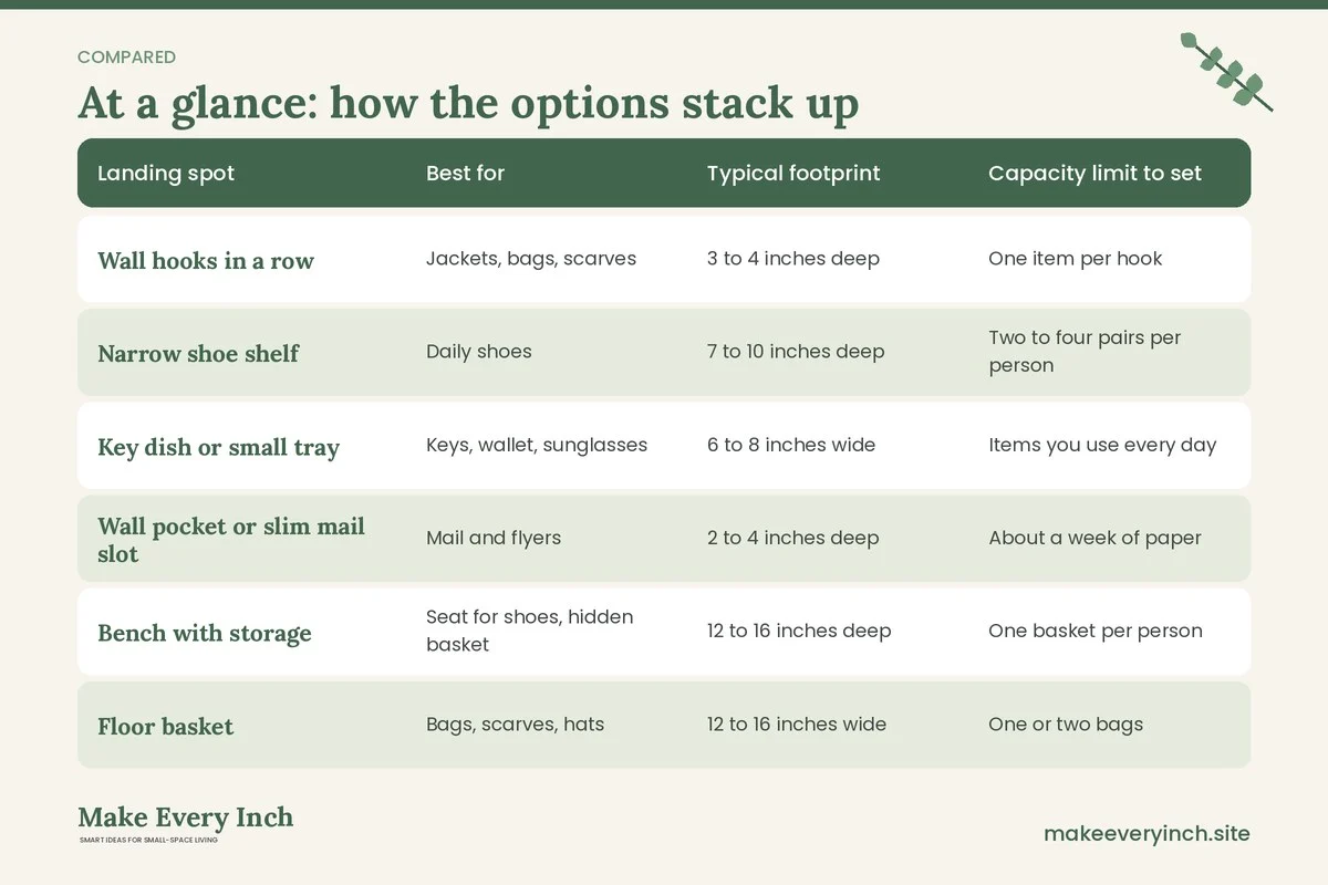 Comparison table of options for: Small Entryway Ideas That Keep Clutter Under Control (Landing spot, Best for, Typical footprint, Capacity limit to set)