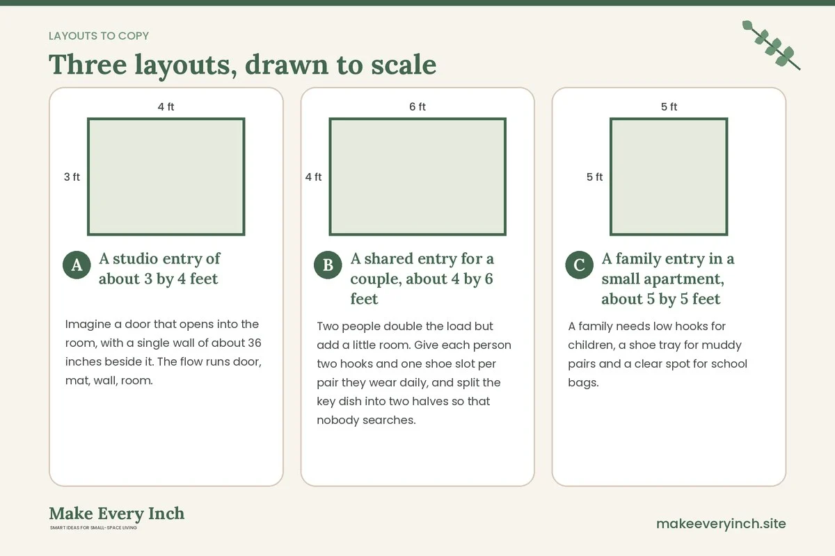 Three room layouts drawn to scale with dimensions and placement notes for: Small Entryway Ideas That Keep Clutter Under Control