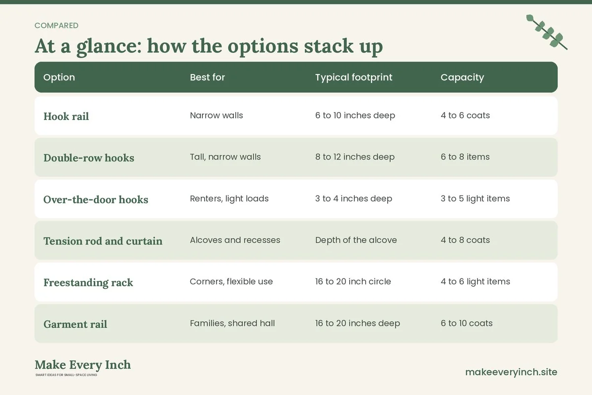 Comparison table of options for: Small Entryway Ideas with No Closet (Option, Best for, Typical footprint, Capacity)