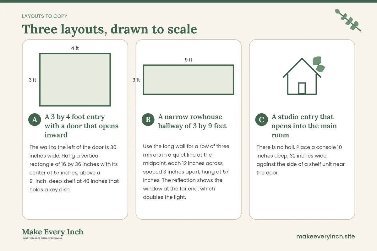 Three room layouts drawn to scale with dimensions and placement notes for: Small Entryway Mirror Ideas