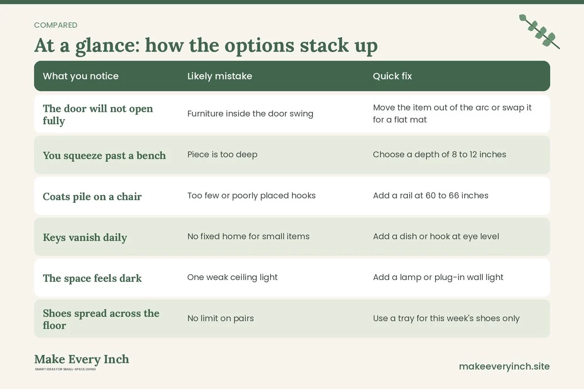 Comparison table of options for: 14 Small Entryway Mistakes to Avoid and the Quick Fix for Each (What you notice, Likely mistake, Quick fix)
