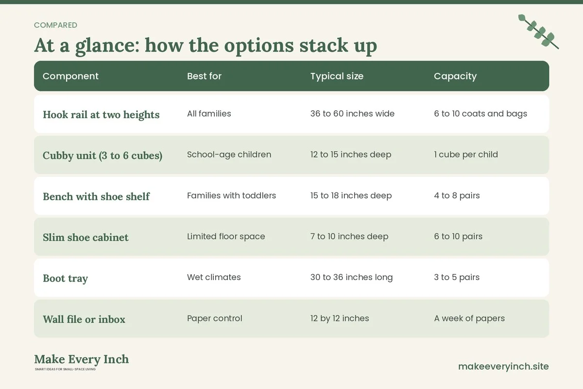 Comparison table of options for: Small Entryway Organization for Families (Component, Best for, Typical size, Capacity)