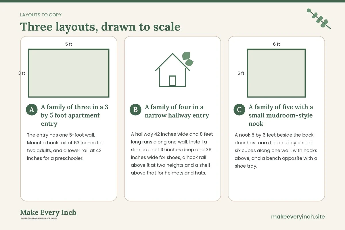 Three room layouts drawn to scale with dimensions and placement notes for: Small Entryway Organization for Families