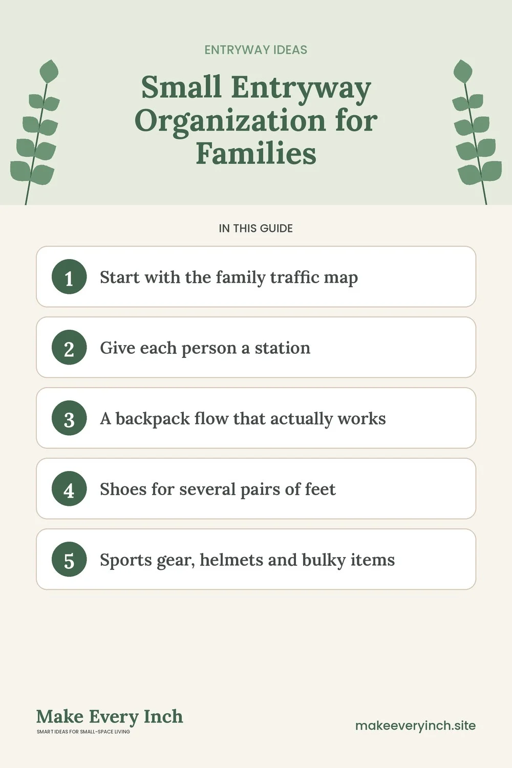 Pinterest pin listing the main topics in: Small Entryway Organization for Families