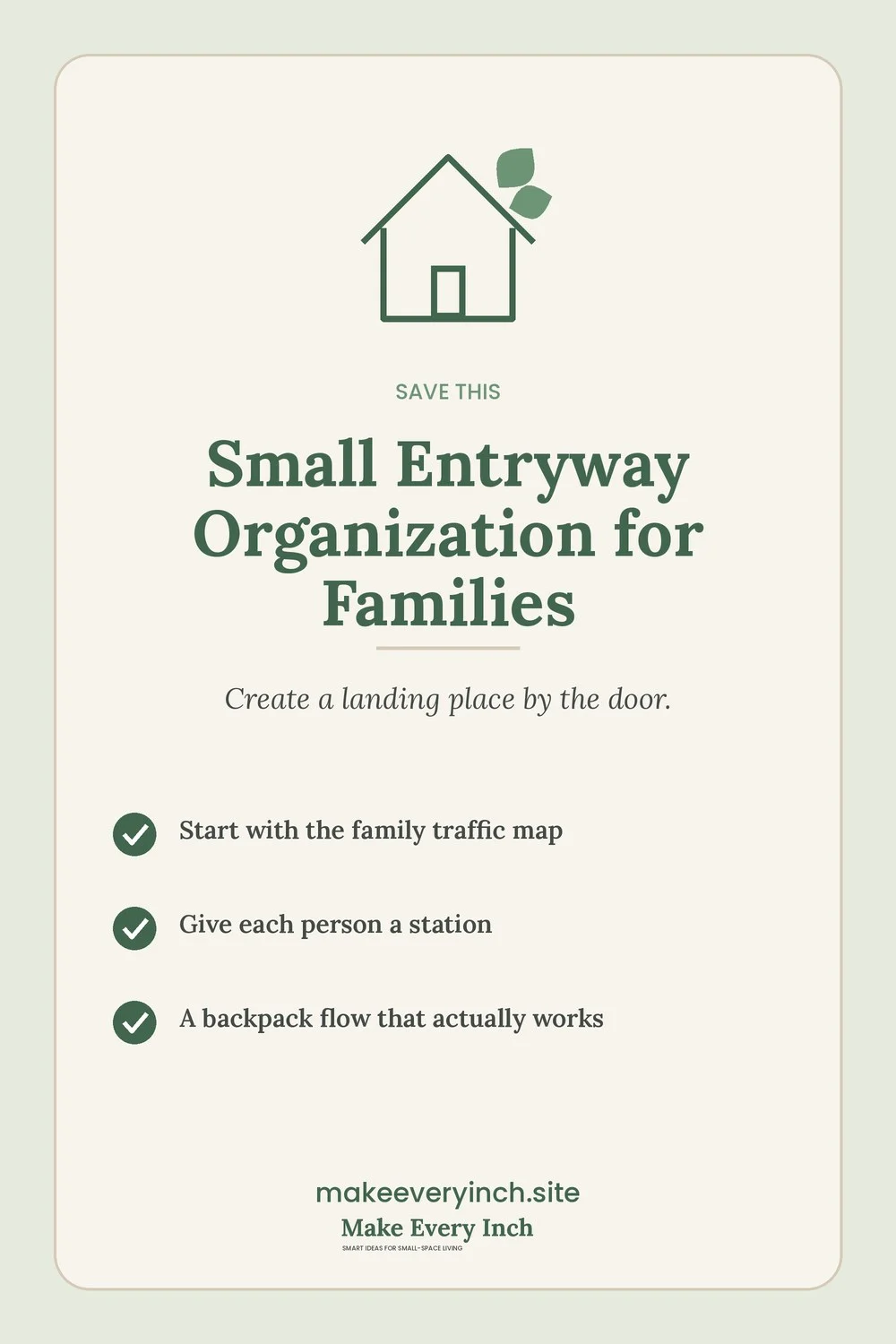 Save-this Pinterest pin with a short checklist for: Small Entryway Organization for Families