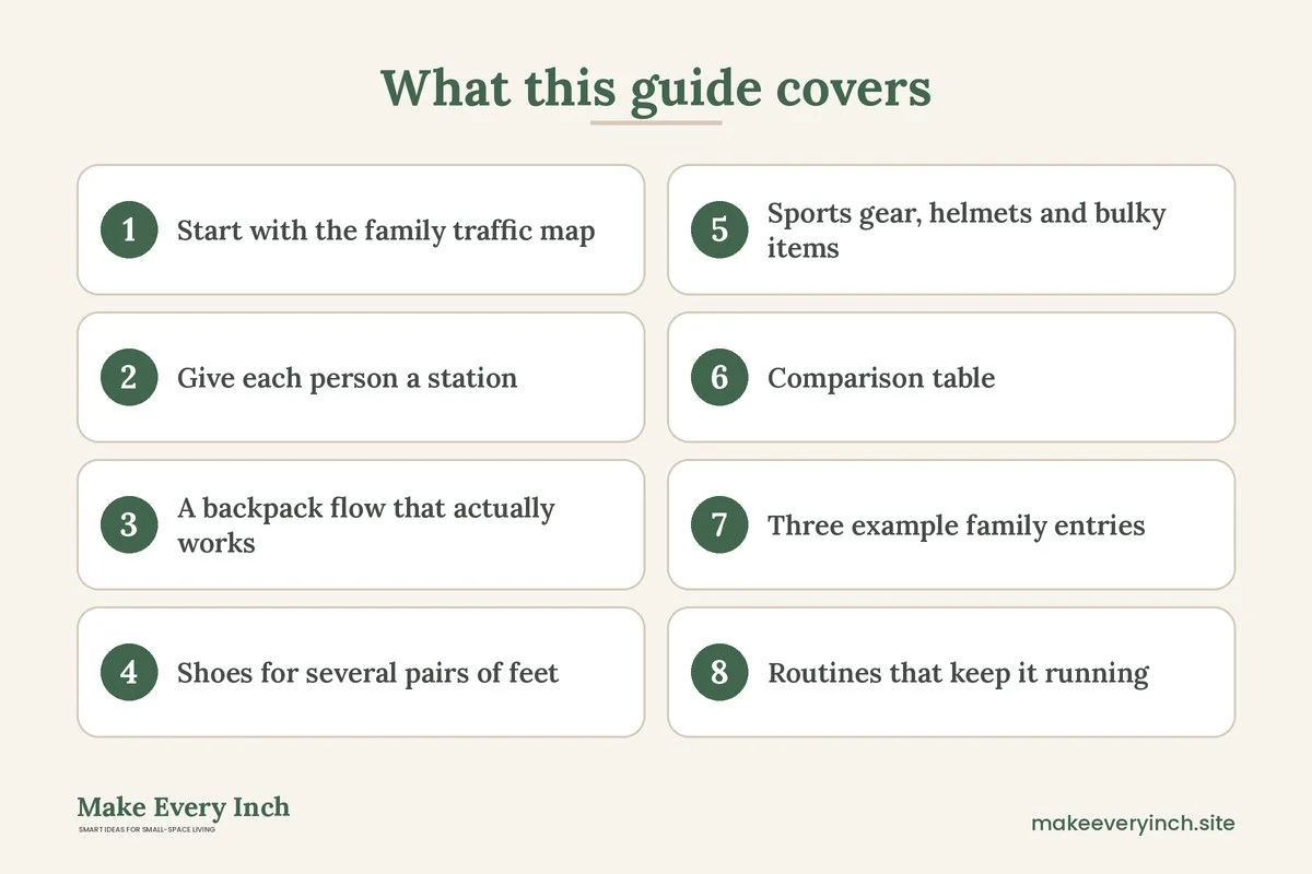Graphic listing 8 topics covered in: Small Entryway Organization for Families