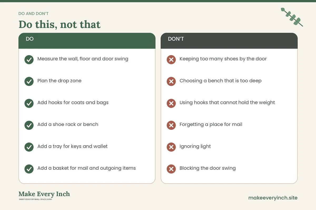 Do and don't checklist for: 19 Small Entryway Organization Ideas for a Clutter-Free Welcome