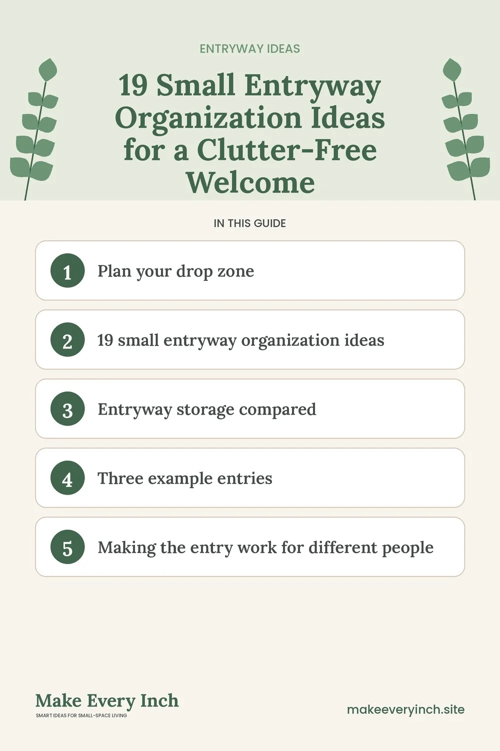Pinterest pin listing the main topics in: 19 Small Entryway Organization Ideas for a Clutter-Free Welcome