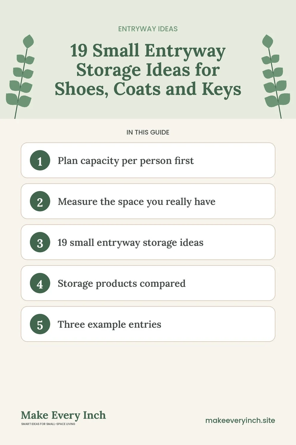 Pinterest pin listing the main topics in: 19 Small Entryway Storage Ideas for Shoes, Coats and Keys