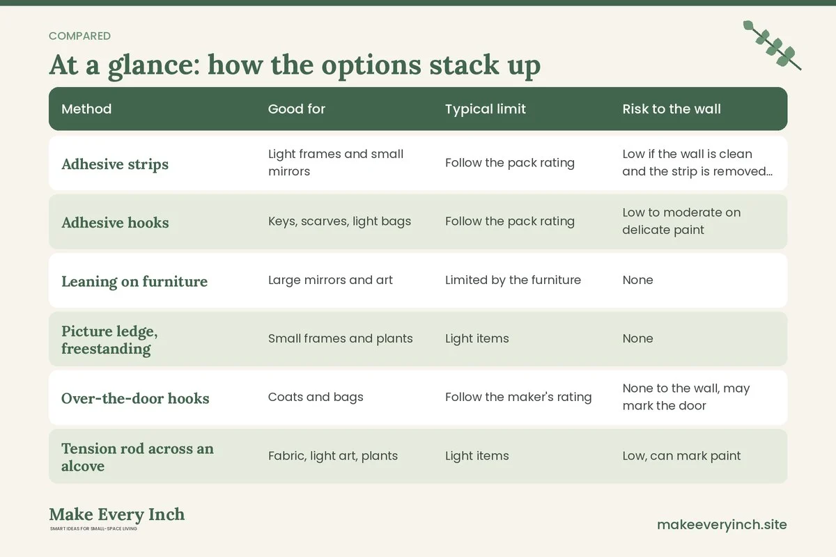 Comparison table of options for: Small Entryway Wall Decor Ideas (Method, Good for, Typical limit, Risk to the wall)