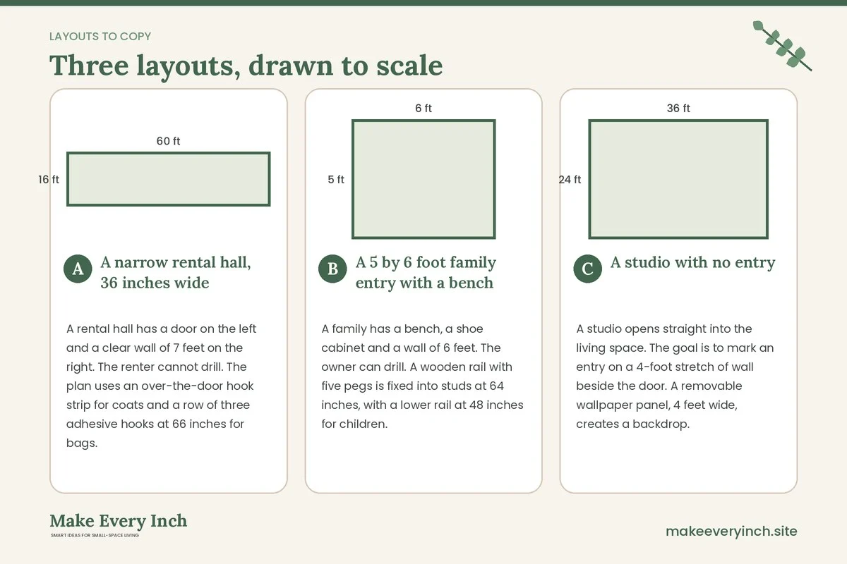 Three room layouts drawn to scale with dimensions and placement notes for: Small Entryway Wall Decor Ideas