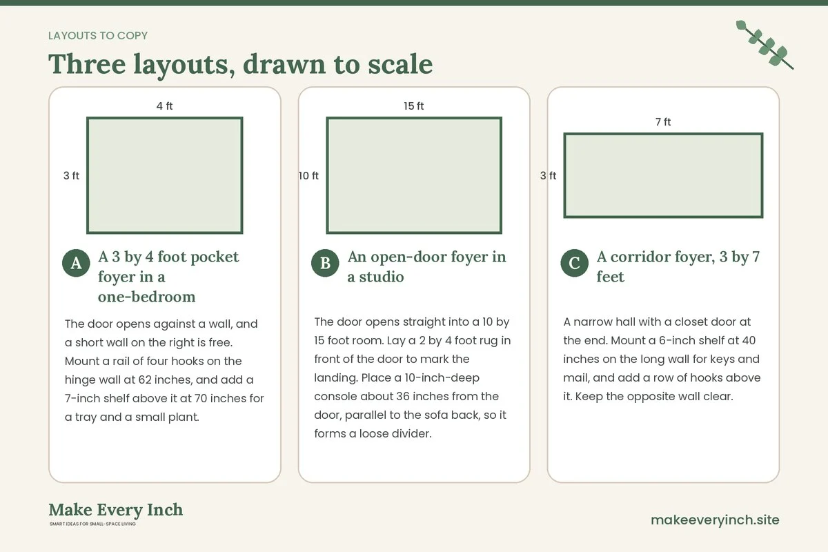 Three room layouts drawn to scale with dimensions and placement notes for: 14 Small Foyer Ideas for Apartments With No Entry Hall