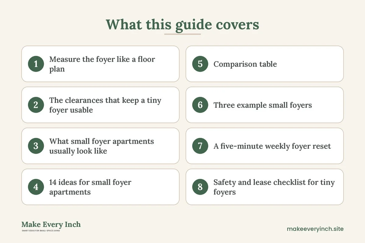 Graphic listing 8 topics covered in: 14 Small Foyer Ideas for Apartments With No Entry Hall