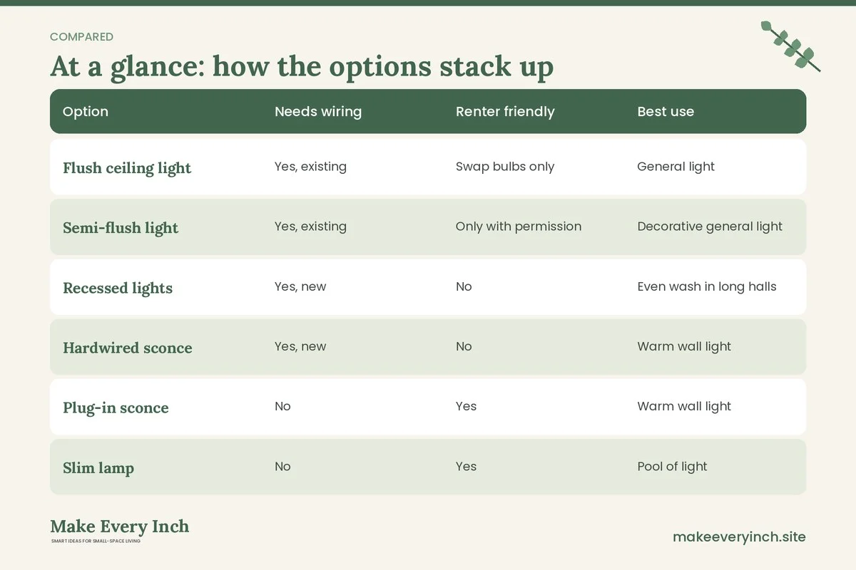 Comparison table of options for: Small Hallway Lighting Ideas (Option, Needs wiring, Renter friendly, Best use)