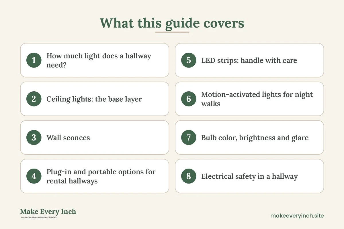 Graphic listing 8 topics covered in: Small Hallway Lighting Ideas