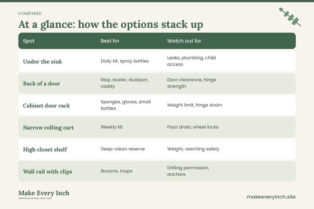 Comparison table of options for: 15 Small Home Cleaning Supply Storage Ideas for Tight Spaces (Spot, Best for, Watch out for, )