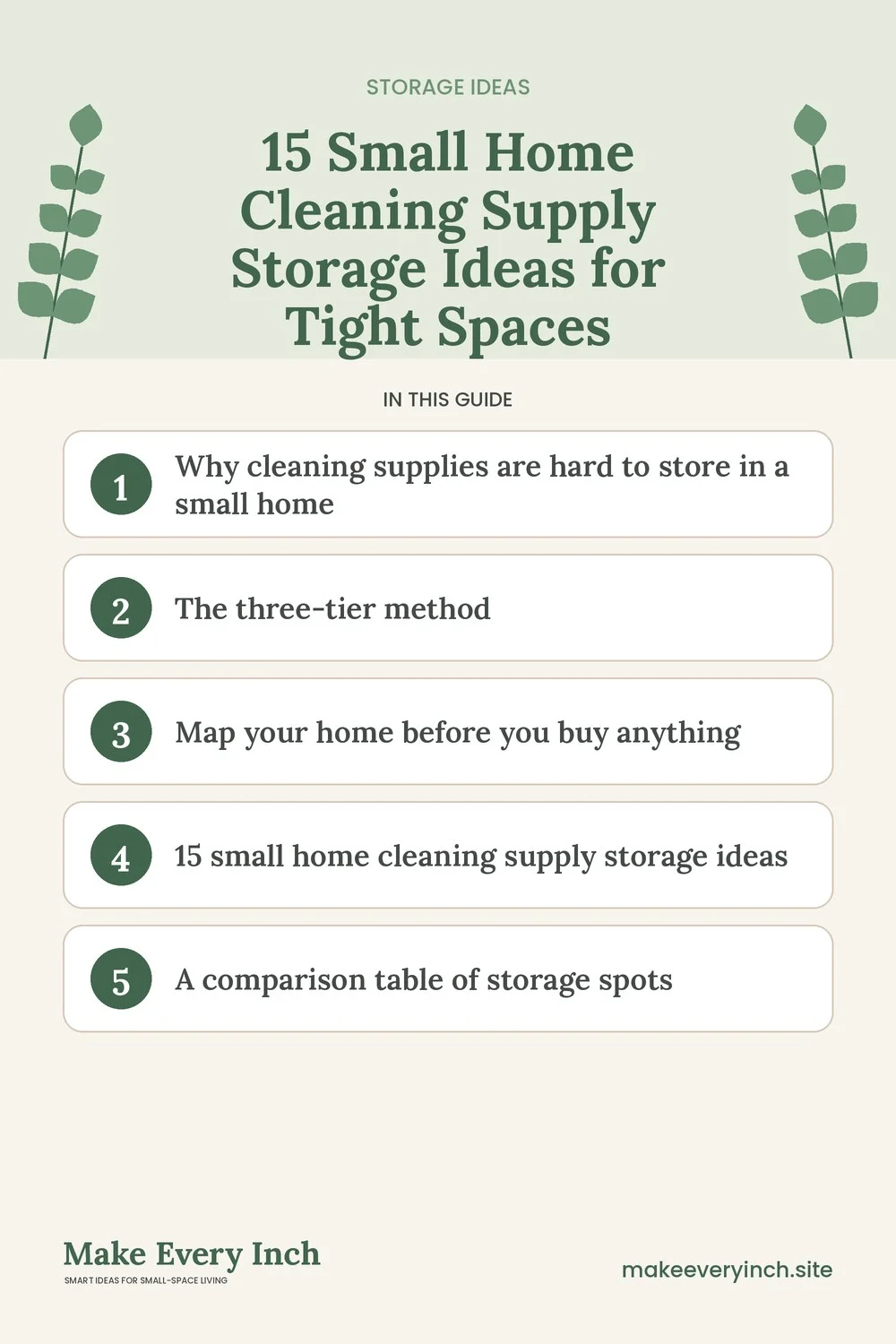 Pinterest pin listing the main topics in: 15 Small Home Cleaning Supply Storage Ideas for Tight Spaces