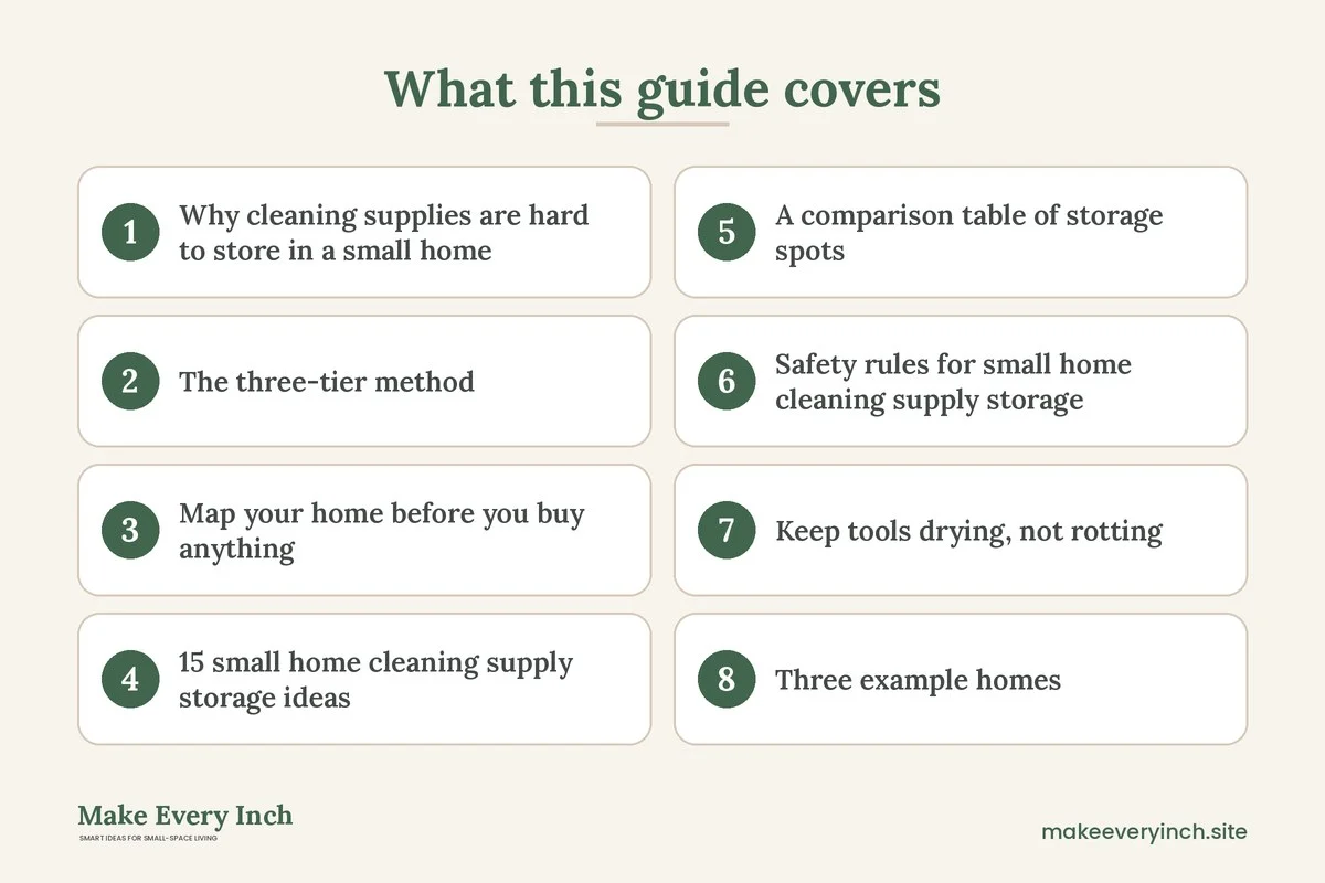 Graphic listing 8 topics covered in: 15 Small Home Cleaning Supply Storage Ideas for Tight Spaces