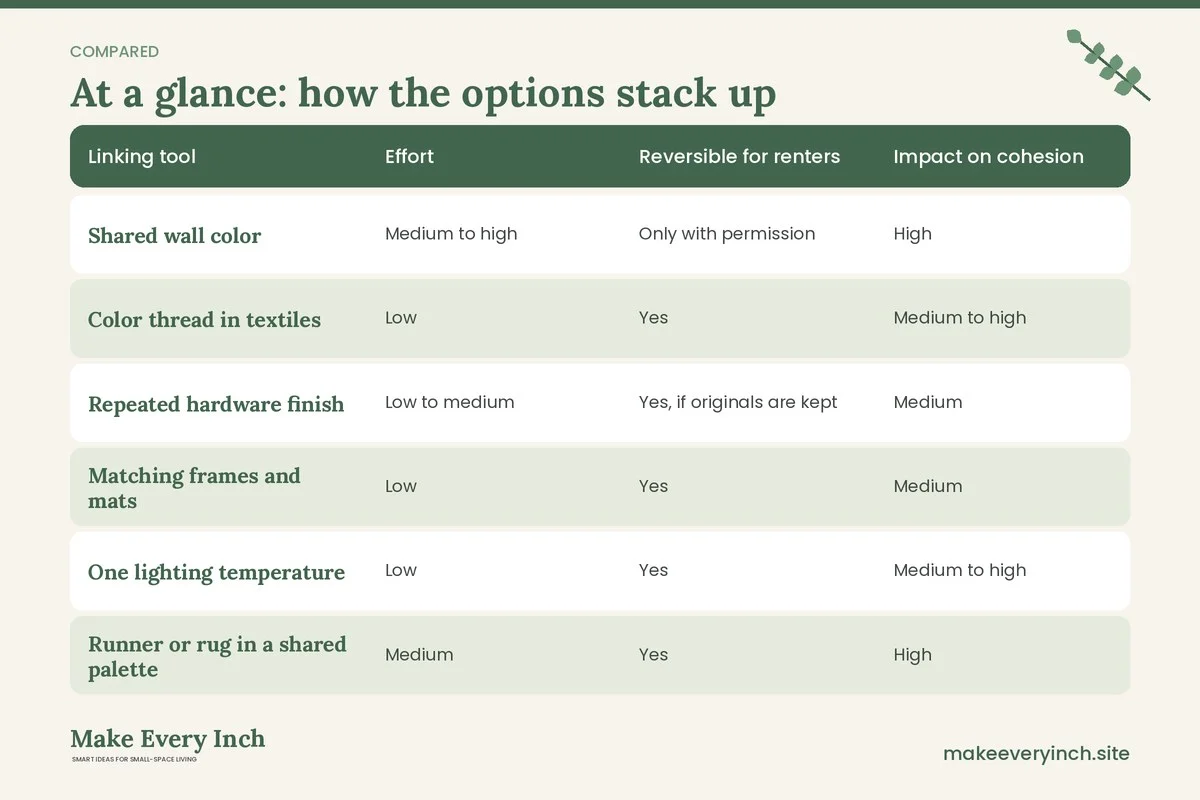 Comparison table of options for: 16 Small Home Decorating Ideas That Feel Cohesive in Every Room (Linking tool, Effort, Reversible for renters, Impact on cohesion)