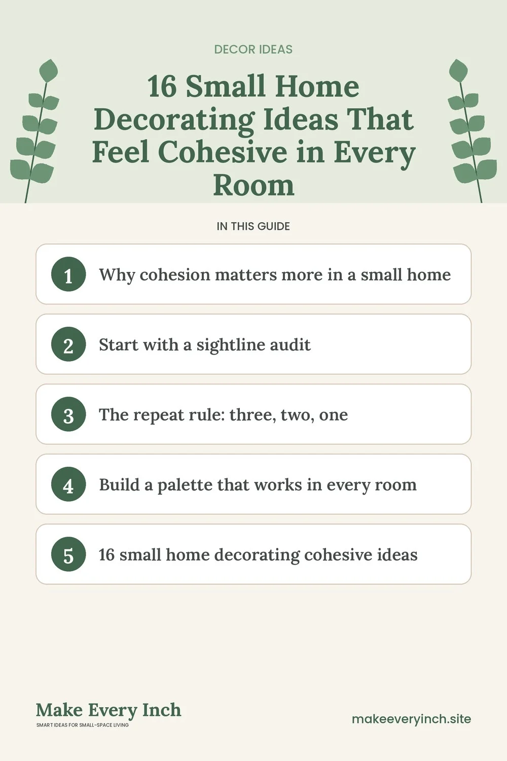 Pinterest pin listing the main topics in: 16 Small Home Decorating Ideas That Feel Cohesive in Every Room
