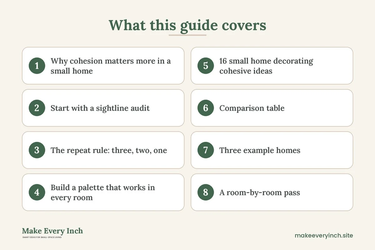 Graphic listing 8 topics covered in: 16 Small Home Decorating Ideas That Feel Cohesive in Every Room