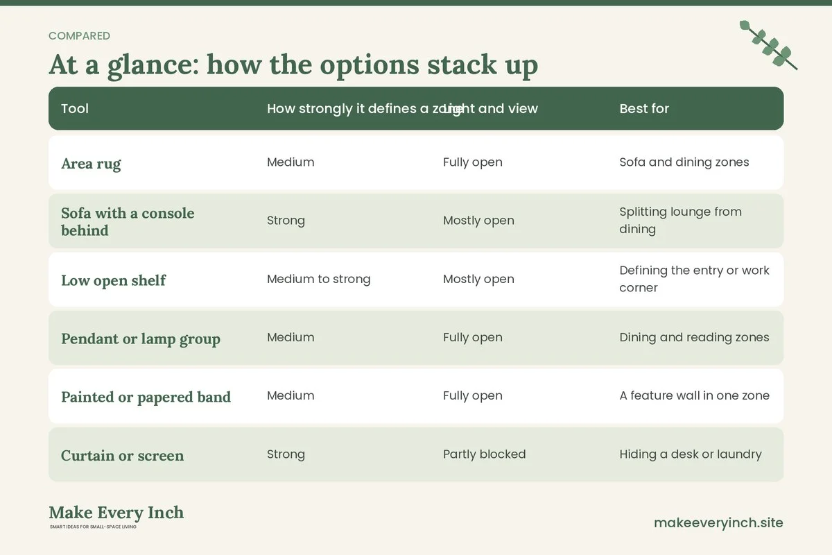 Comparison table of options for: Small Home Design Ideas for Open Plan Living with Clear Zones (Tool, How strongly it defines a zone, Light and view, Best for)