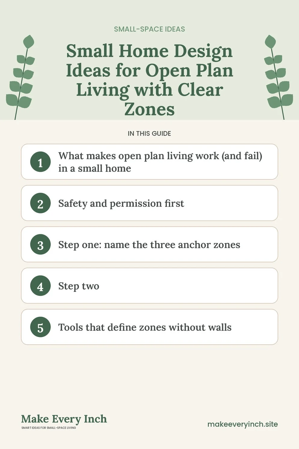 Pinterest pin listing the main topics in: Small Home Design Ideas for Open Plan Living with Clear Zones